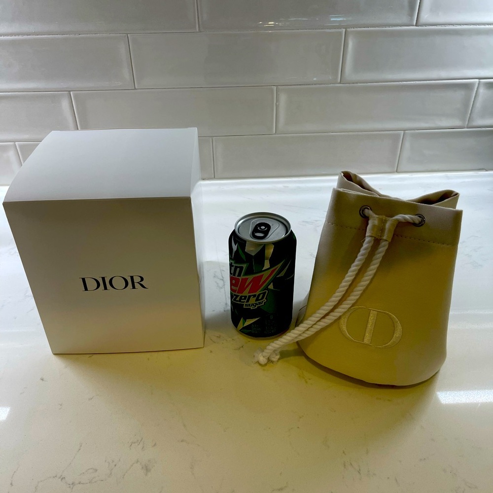 Dior drawstring cosmetic pouch. Bucket style.  New in box. White canvas.
